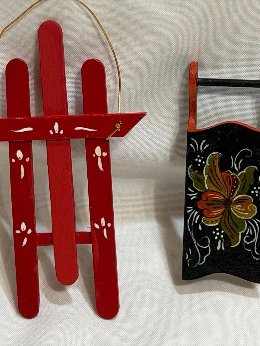 2 Wood Sleigh Sled Primitive Vtg Folk Art Rosemaling Ornaments Dollhouse